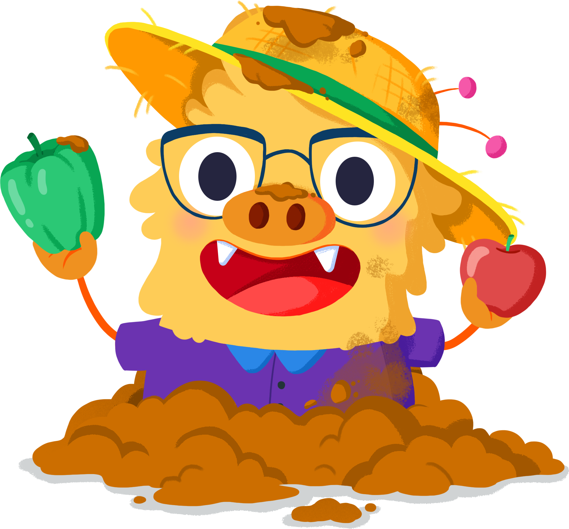 Ilustración de la mascota que acompaña el curso El huerto escolar, un primer paso hacia el desarrollo sostenible