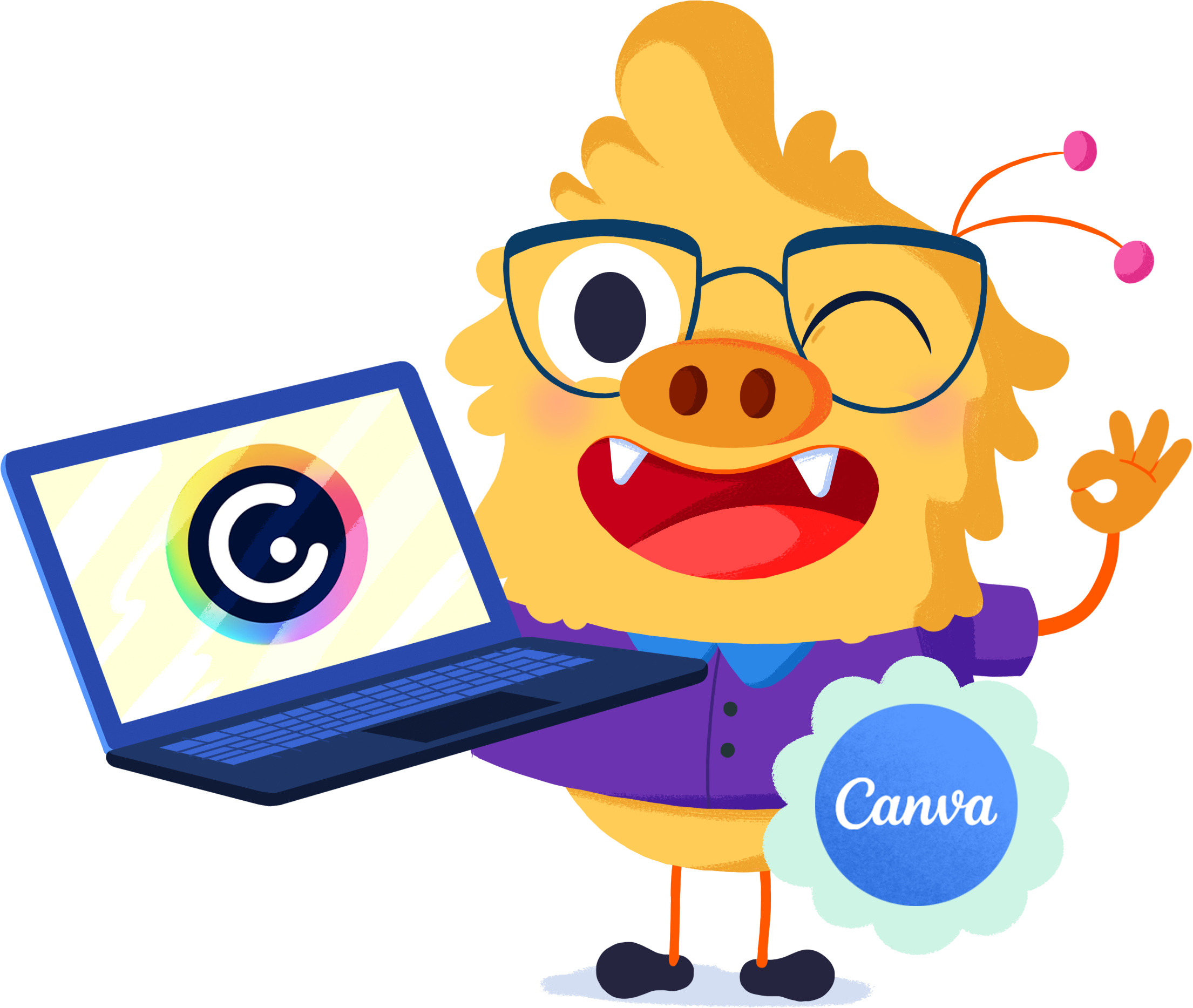 Ilustración de la mascota que acompaña el curso La aventura digital creando materiales con Canva y Genially