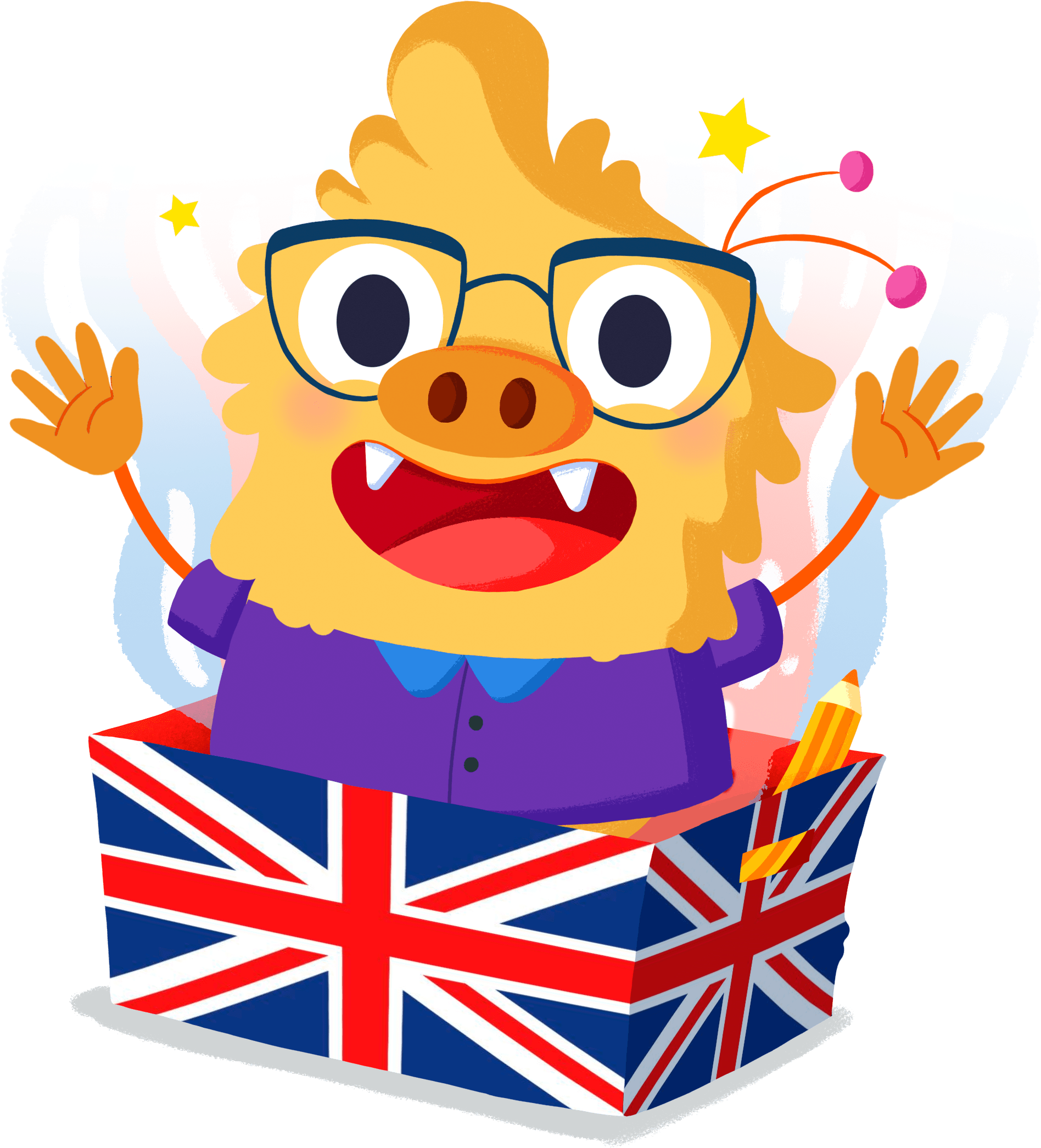 Ilustración de la mascota que acompaña el curso La caja mágica, los ambientes y los rincones para inglés en Infantil