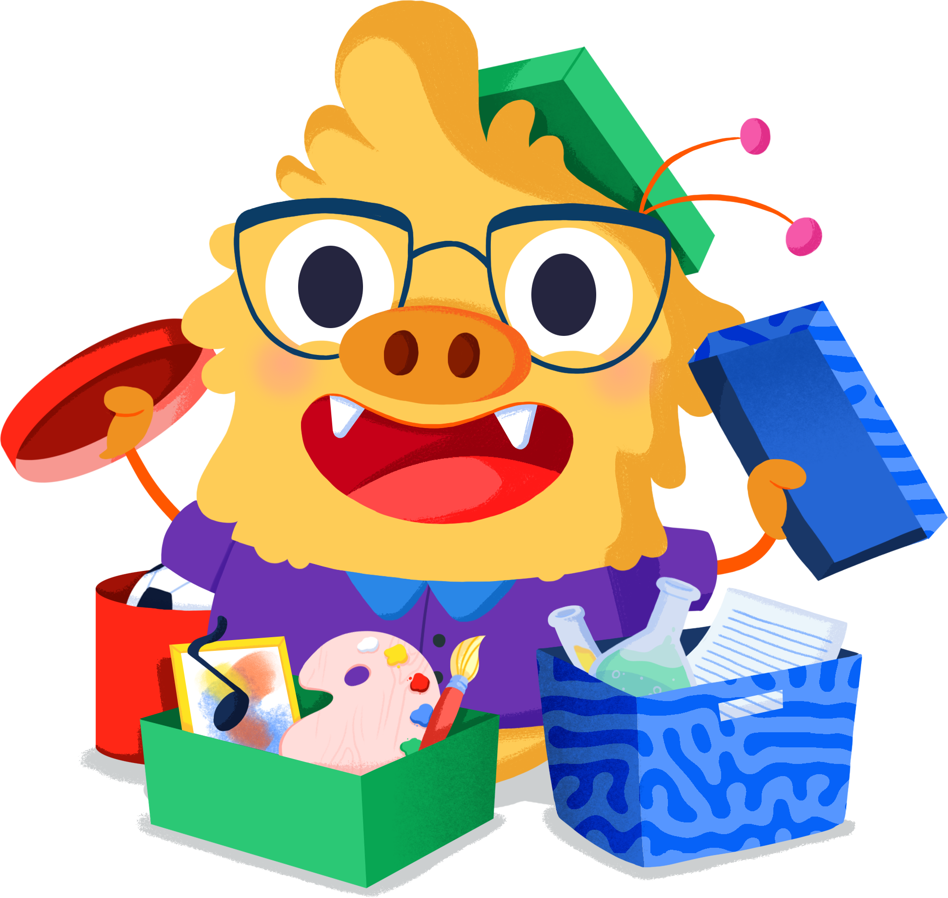 Ilustración de la mascota que acompaña el curso Las cajas de aprendizaje en Primaria y Secundaria: descubrimiento, diseño y funcionamiento