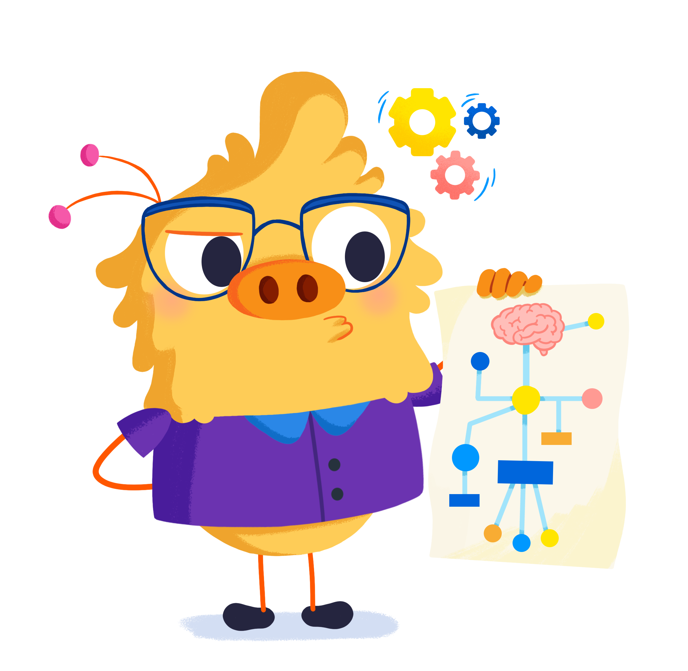 Ilustración de la mascota que acompaña el curso Pensamiento Computacional sin pantallas: estrategias y actividades desenchufadas para el aula