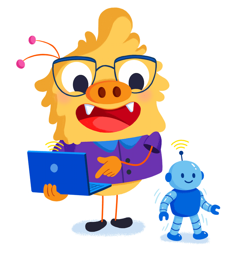 Ilustración de la mascota que acompaña el curso Robótica y programación en educación secundaria
